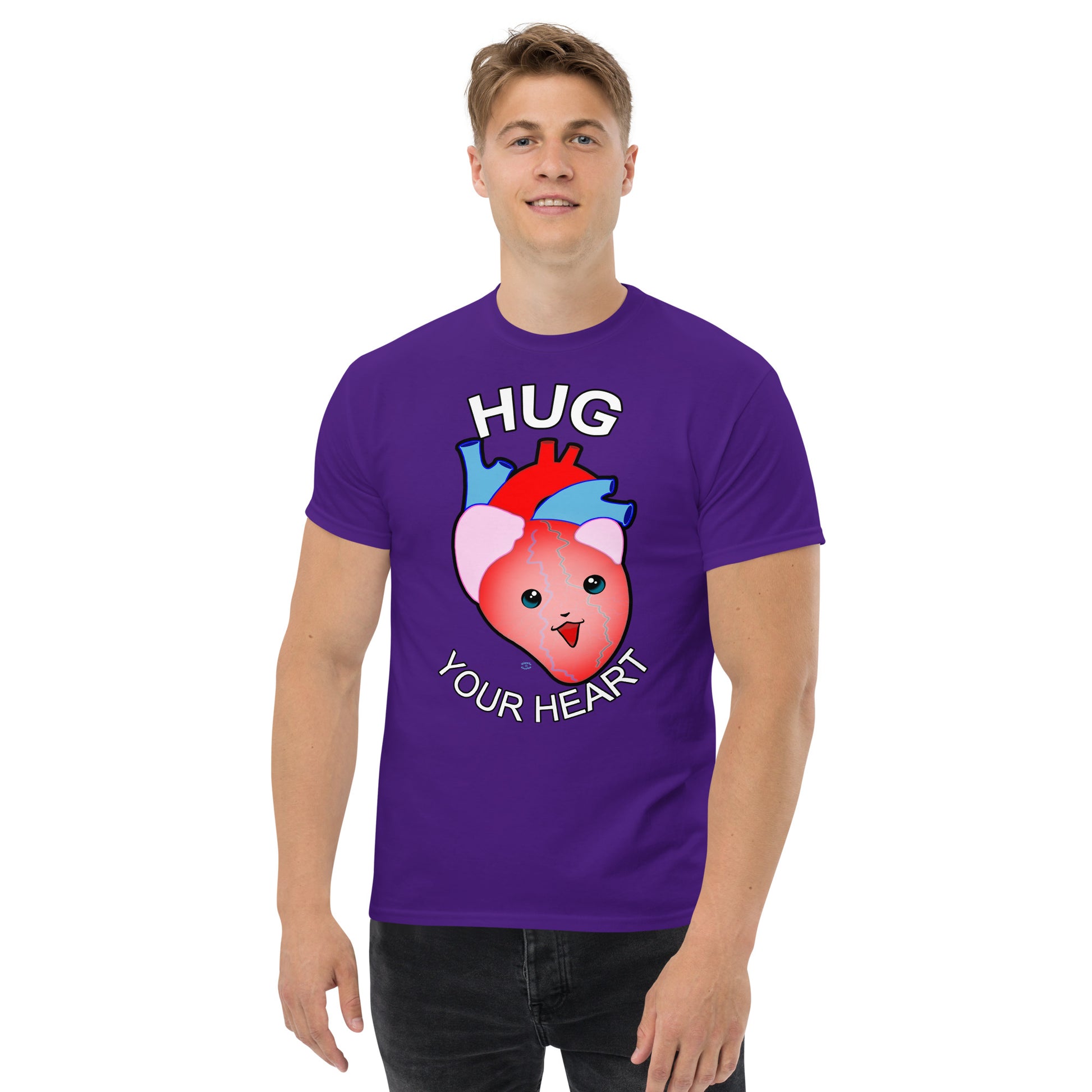 A Picture of a man wearing a short sleeved tshirt with a picture on the front of a smiling heart with the text "HUG Your Heart" - color purple