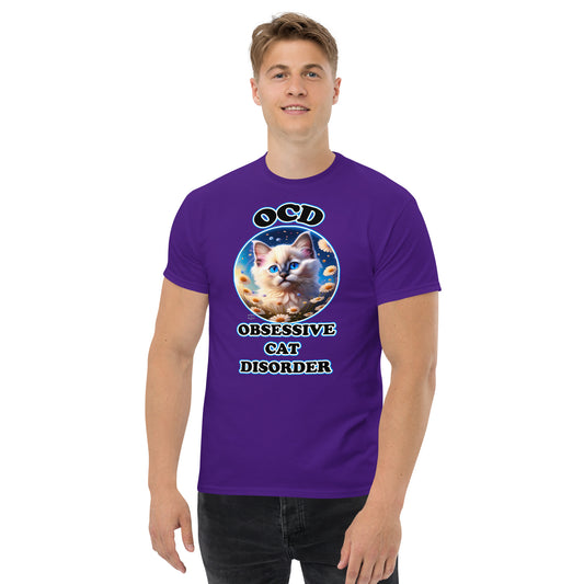 a picture of a man wearing a tshirt with a picture of a cute ragdoll kitten in a circle with flowers. text around the outside reads OCD  Obsessive Cat Disorder - purple