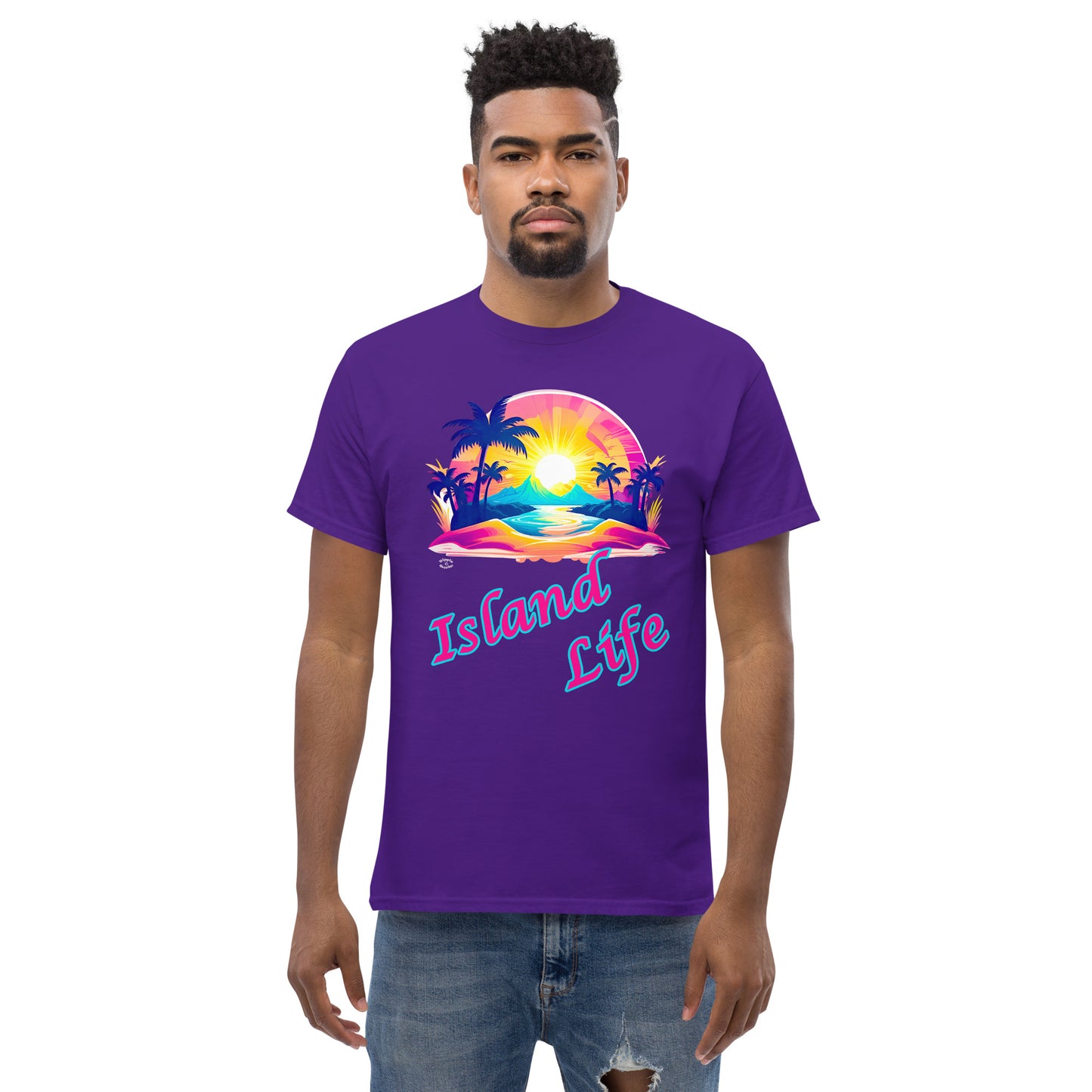 A picture of a man modeling a Men's Classic Tee / Tshirt with a large picture on the front of a tropical island paradise and the text Island Life underneath - front - purple