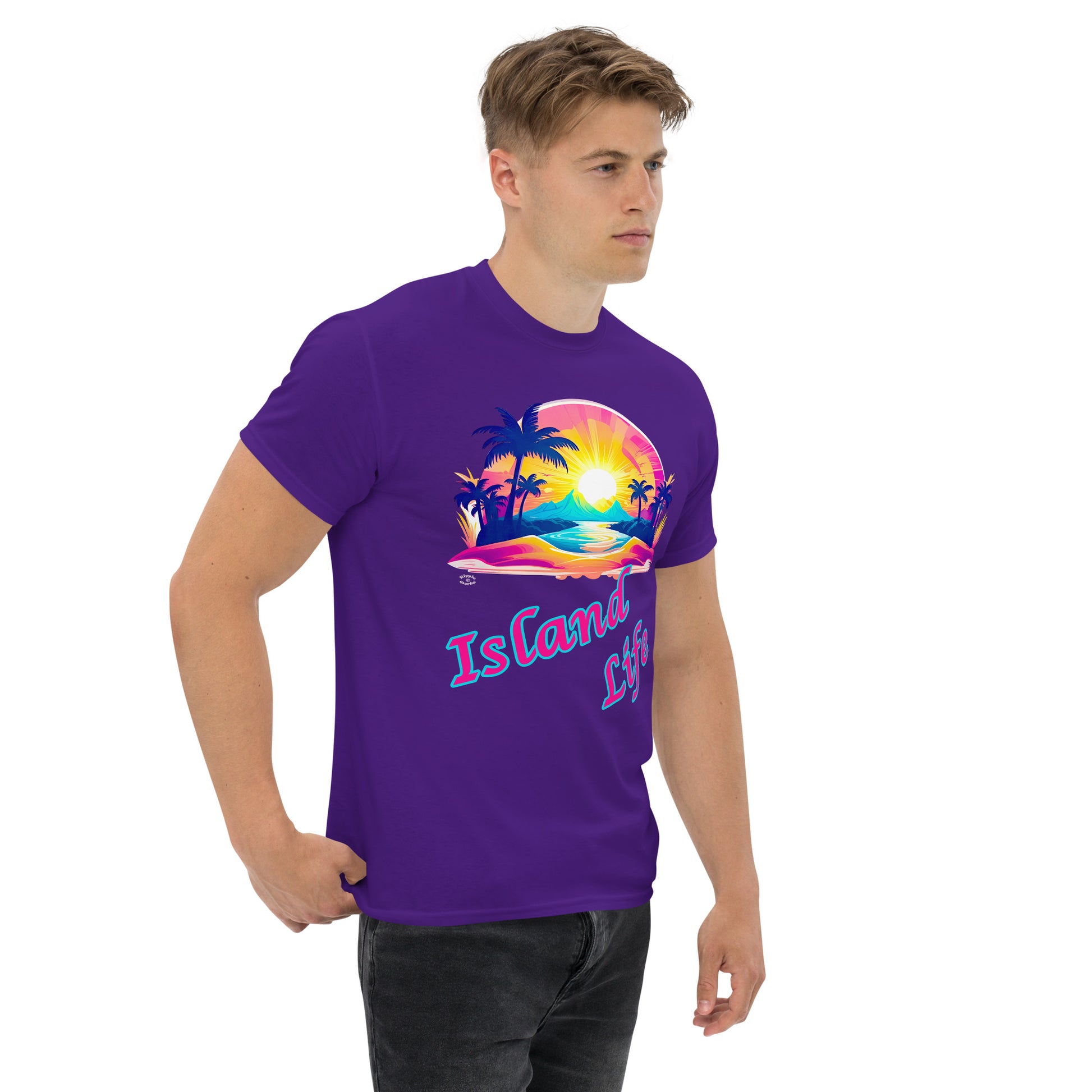 A picture of a man modeling a Men's Classic Tee / Tshirt with a large picture on the front of a tropical island paradise and the text Island Life underneath - front right - purple