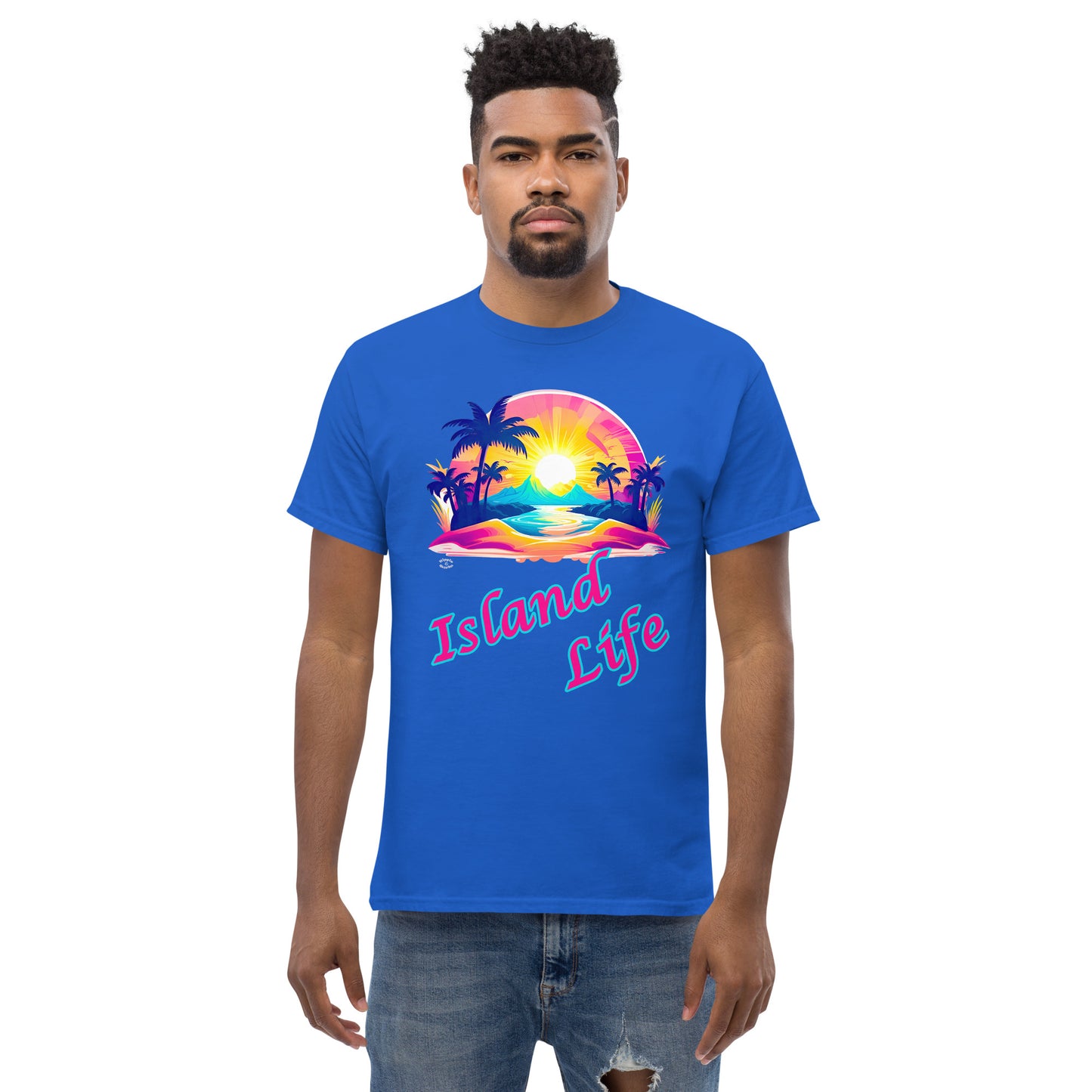 A picture of a man modeling a Men's Classic Tee / Tshirt with a large picture on the front of a tropical island paradise and the text Island Life underneath - front - royal blue