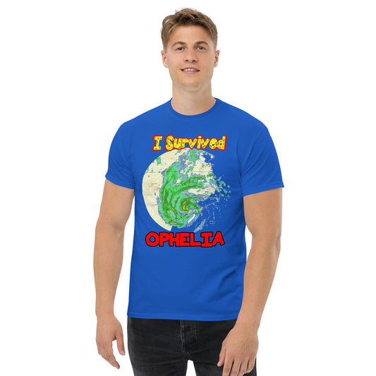 A picture of a man modeling a I Survived Hurricane Ophelia Men's Classic Tee with a large picture on the front of tropical storm Ophelia and the text I Survived Ophelia - royal blue