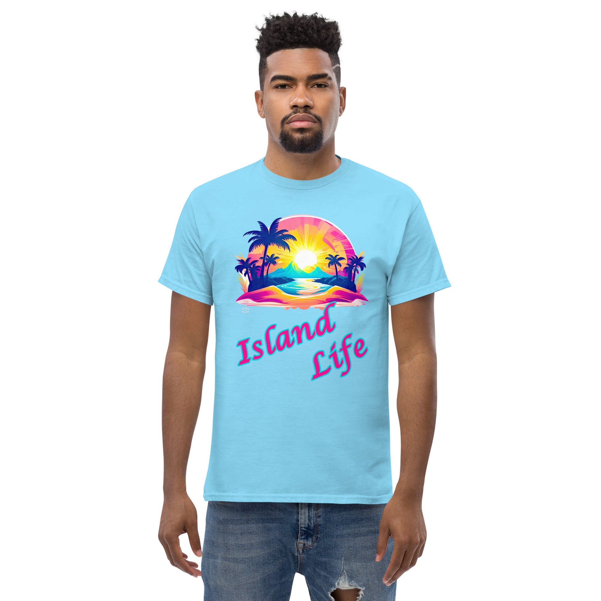 A picture of a man modeling a Men's Classic Tee / Tshirt with a large picture on the front of a tropical island paradise and the text Island Life underneath - front - sky blue