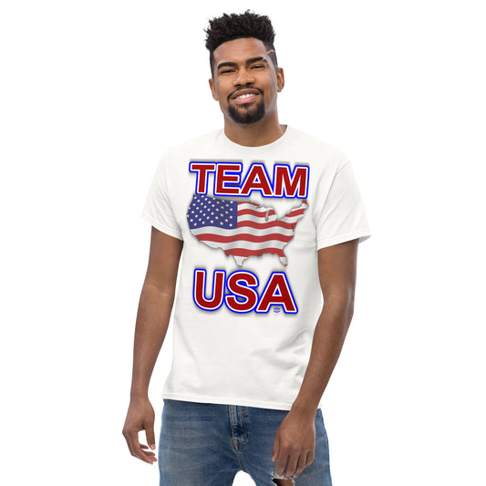 A Picture of a man wearing a tshirt with an american flag usa map with team USA written in red, white and blue - ft - white