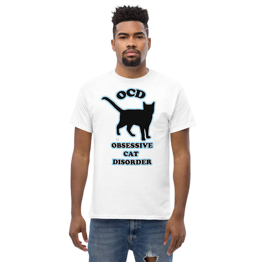 a picture of a man wearing a tshirt with a silhouette of a black cat. text reads OCD  Obsessive Cat Disorder - white