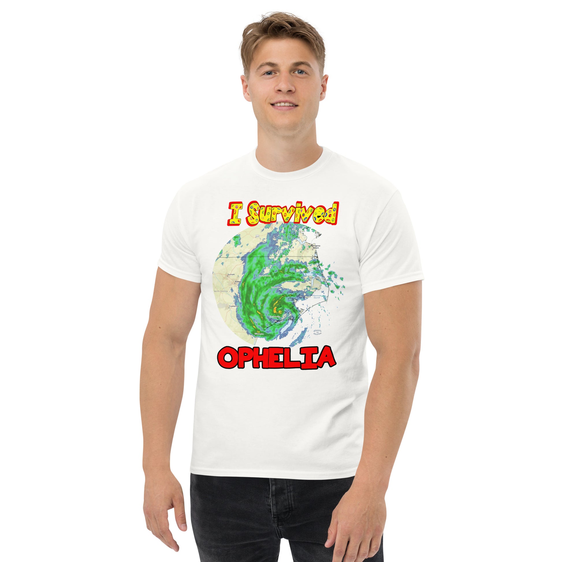 A picture of a man modeling a I Survived Hurricane Ophelia Men's Classic Tee with a large picture on the front of tropical storm Ophelia and the text I Survived Ophelia - white