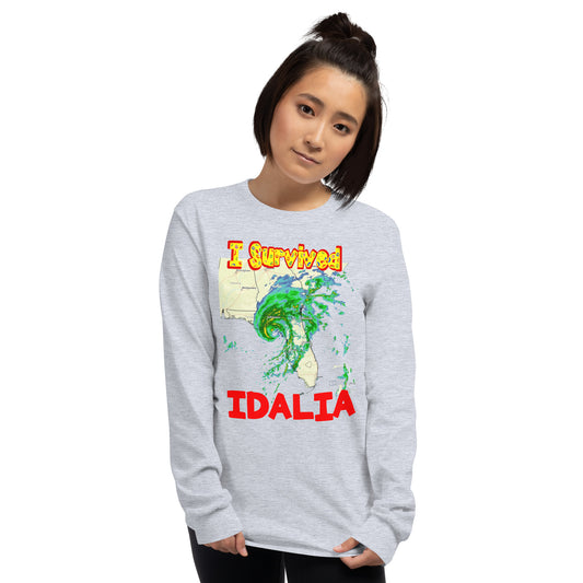 A picture of a woman wearing a long sleeve tshirts with I SURVIVED Hurricane IDALIA Men’s Long Sleeve Shirt - in sport grey