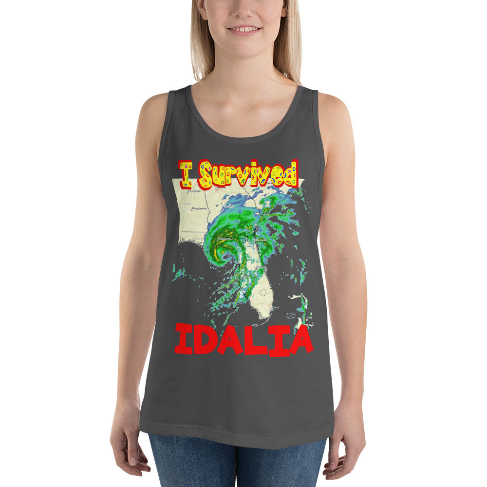 A picture of a woman wearing a tank top with I SURVIVED Hurricane IDALIA Unisex Tank Top - in asphalt
