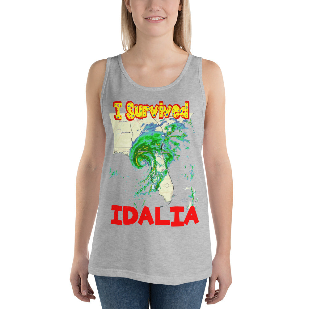 A picture of a woman wearing a tank top with I SURVIVED Hurricane IDALIA Unisex Tank Top - in heather grey
