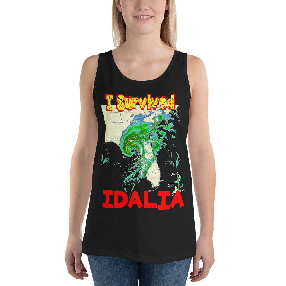 A picture of a woman wearing a tank top with I SURVIVED Hurricane IDALIA Unisex Tank Top - in black