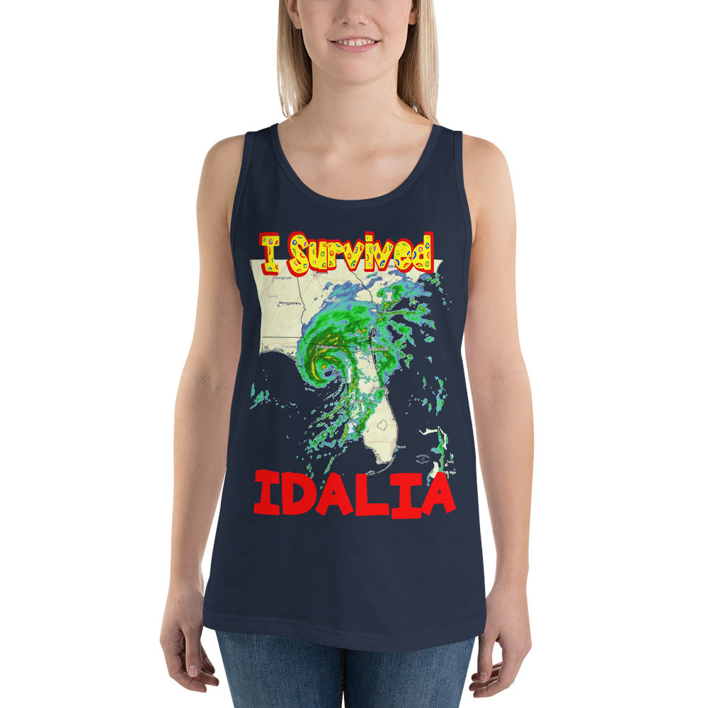 A picture of a woman wearing a tank top with I SURVIVED Hurricane IDALIA Unisex Tank Top - in navy