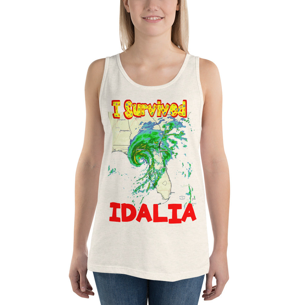 A picture of a woman wearing a tank top with I SURVIVED Hurricane IDALIA Unisex Tank Top - in oatmeal triblend