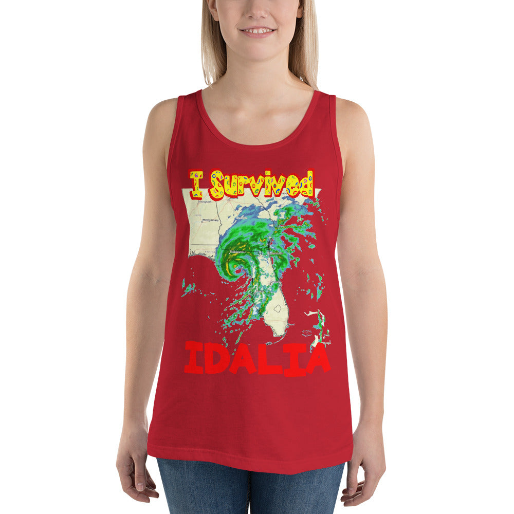 A picture of a woman wearing a tank top with I SURVIVED Hurricane IDALIA Unisex Tank Top - in red