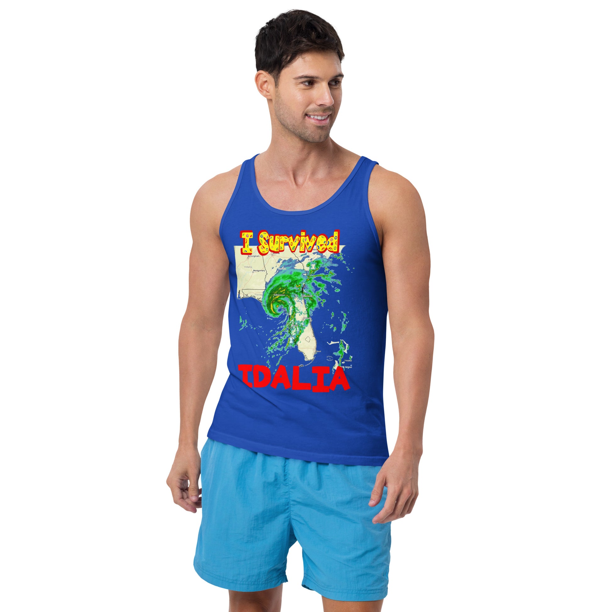 A picture of a man wearing a tank top with I SURVIVED Hurricane IDALIA Unisex Tank Top - in royal blue