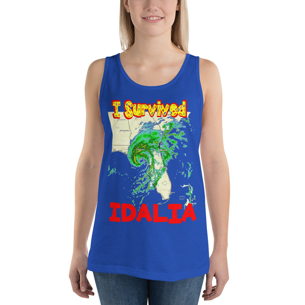 A picture of a woman wearing a tank top with I SURVIVED Hurricane IDALIA Unisex Tank Top - in royal blue