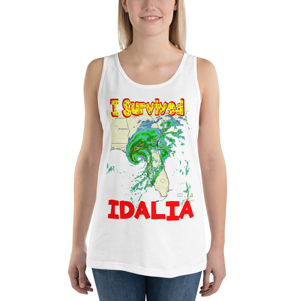 A picture of a woman wearing a tank top with I SURVIVED Hurricane IDALIA Unisex Tank Top - in white