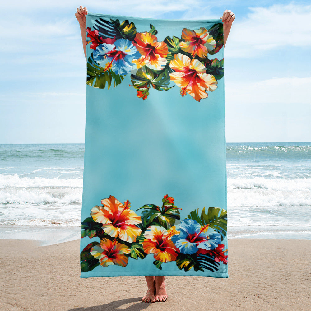 A picture of a woman holding a Hawaiian Hibiscus Flower patterned Beach Towel - 30 x 60 inch - front