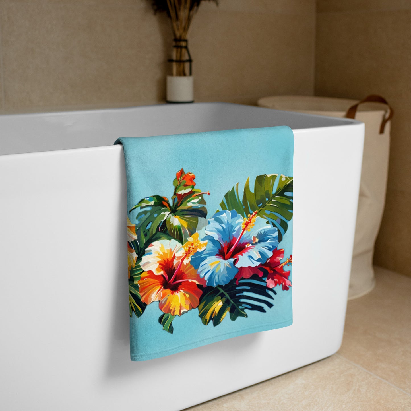 A picture of a Hawaiian Hibiscus Flower patterned Beach Towel folded over a bath tub - 30 x 60 inch - front