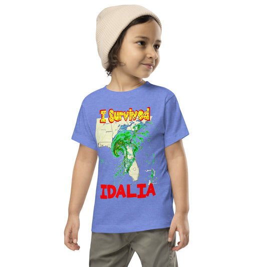 A picture of a little boy wearing a I Survived Hurricane Idalia Toddler Short Sleeve Tee - columbia blue