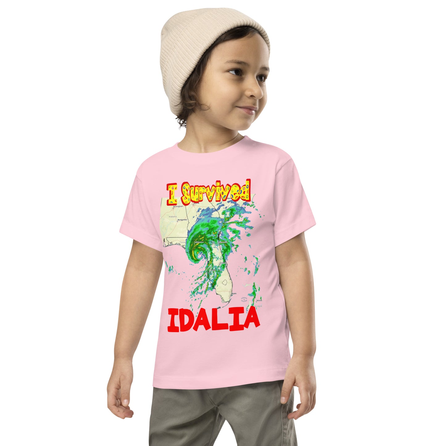 A picture of a little boy wearing a I Survived Hurricane Idalia Toddler Short Sleeve Tee - pink