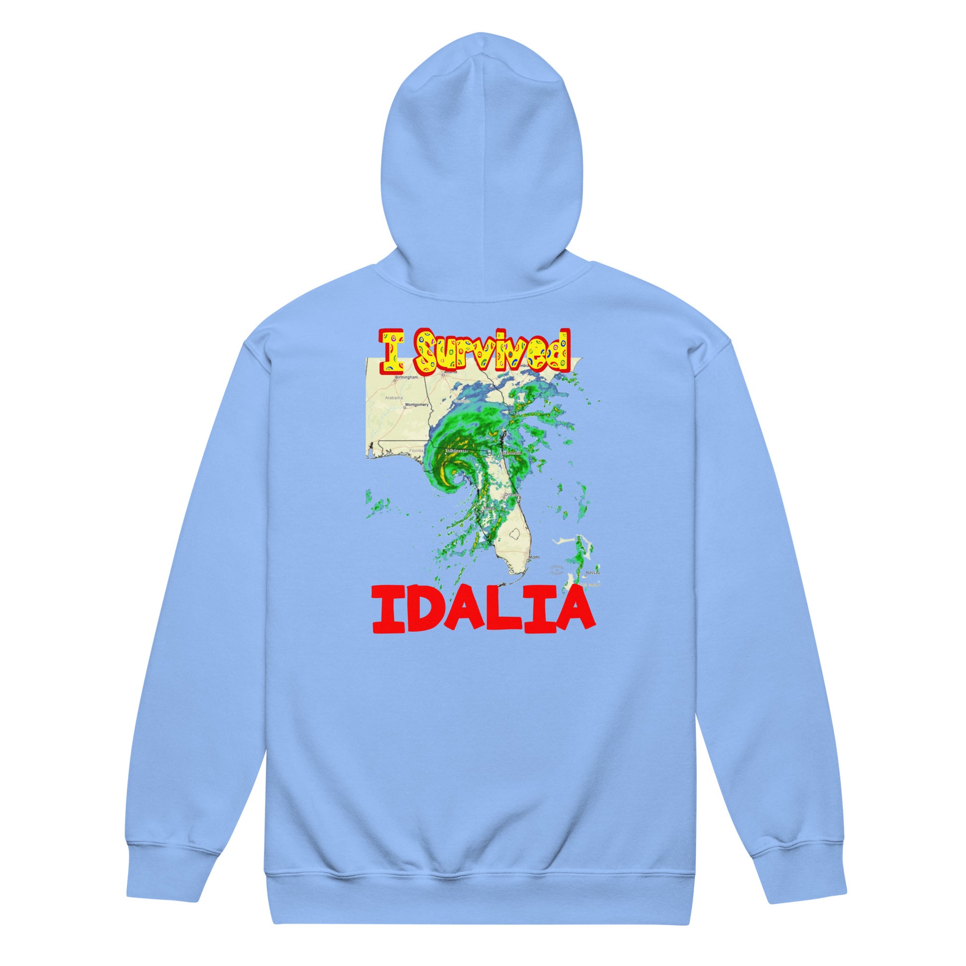 A cut out picture of a hoodie with back print design of I SURVIVED Hurricane IDALIA Unisex Heavy Blend Zip Hoodie in carolina blue