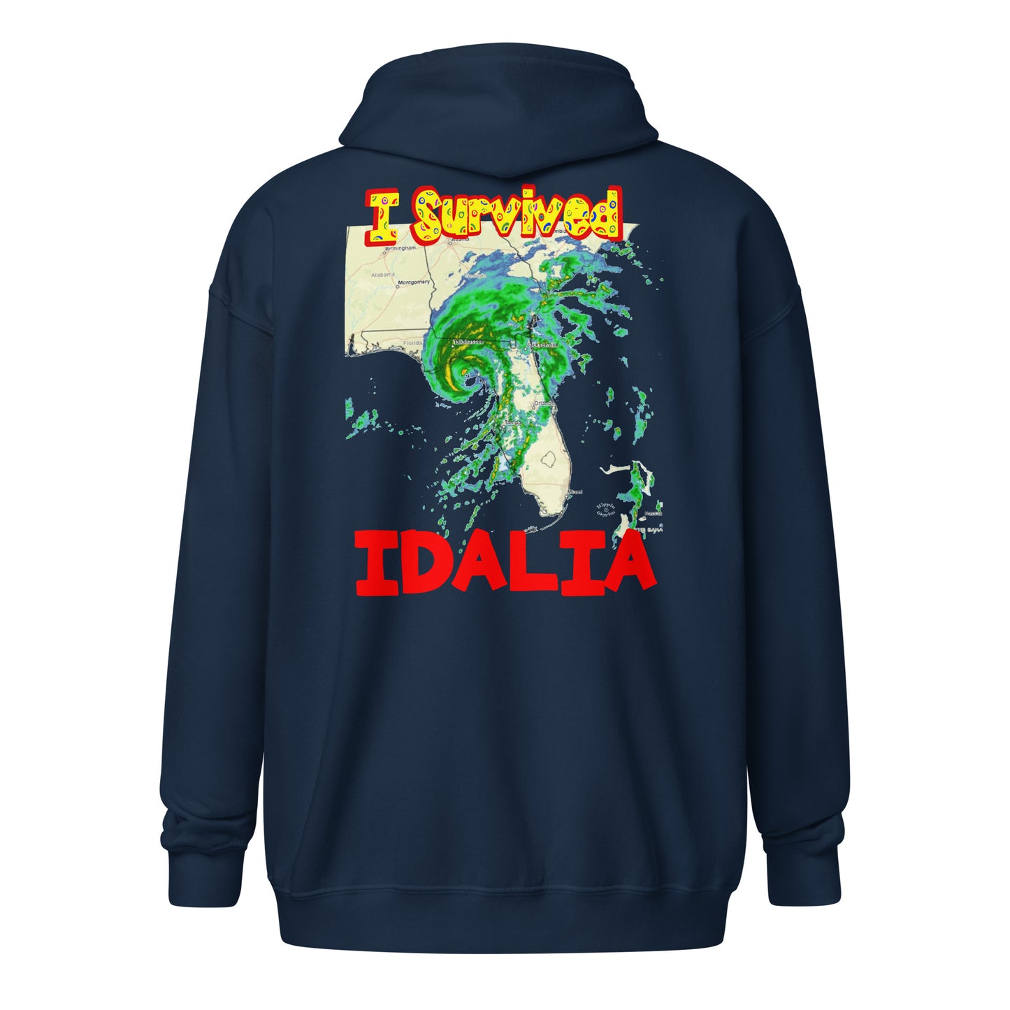 A cut out picture of a hoodie with back print design of I SURVIVED Hurricane IDALIA Unisex Heavy Blend Zip Hoodie in navy blue