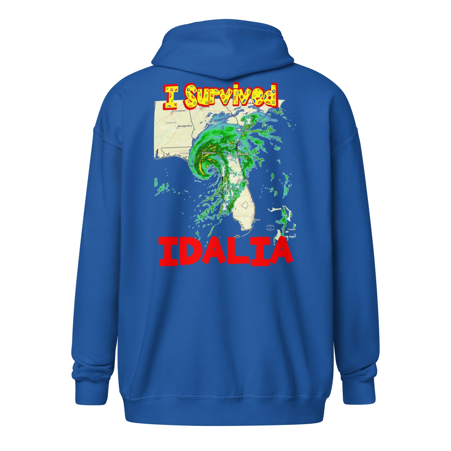 A cut out picture of a hoodie with back print design of I SURVIVED Hurricane IDALIA Unisex Heavy Blend Zip Hoodie in royal blue