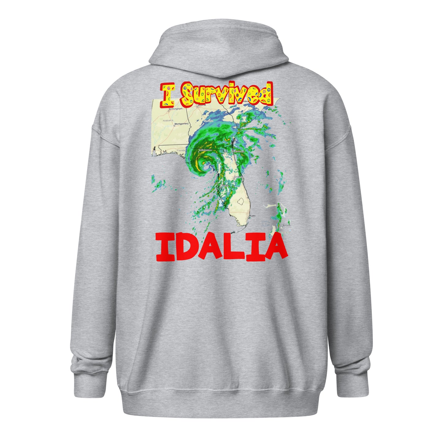 A cut out picture of a hoodie with back print design of I SURVIVED Hurricane IDALIA Unisex Heavy Blend Zip Hoodie in sport grey