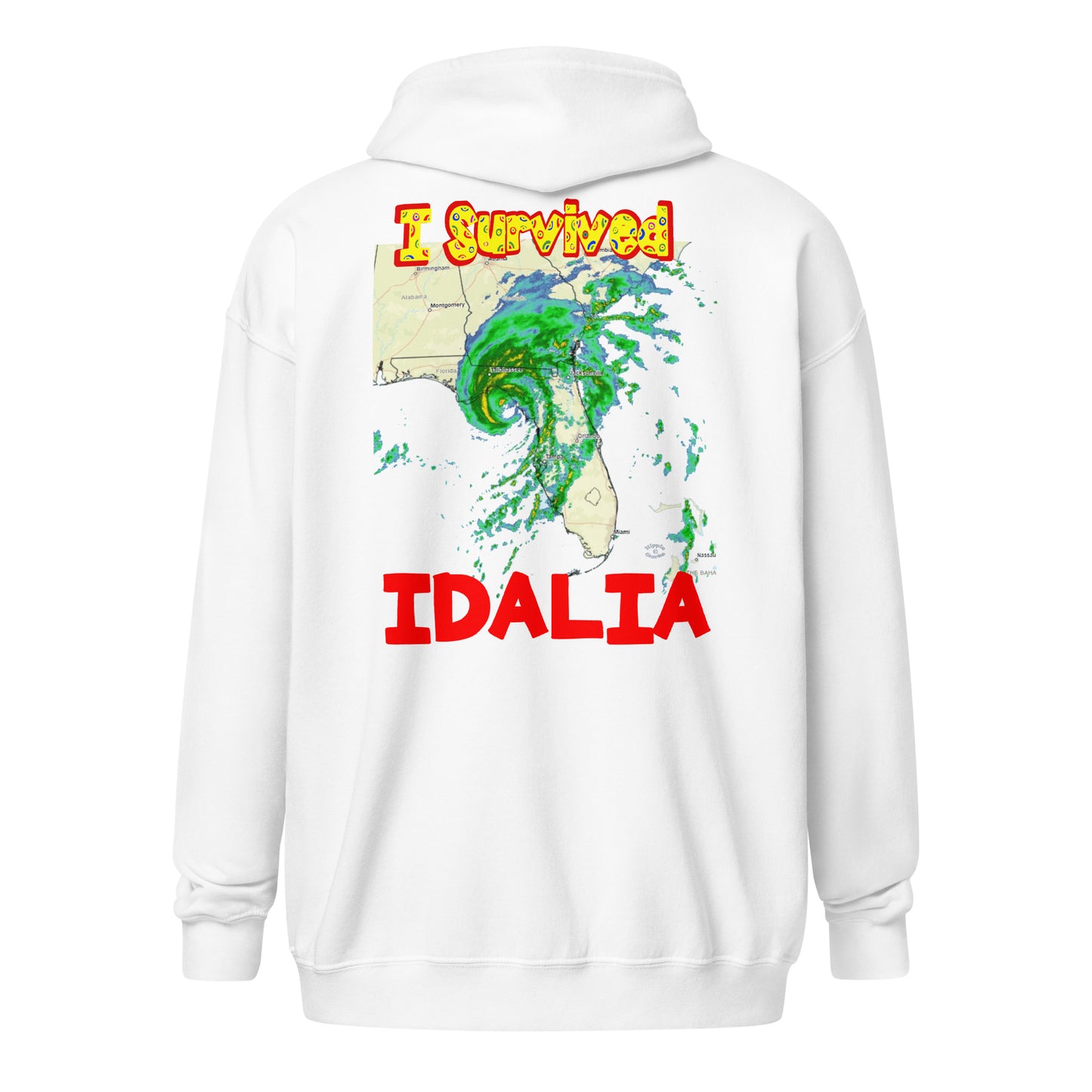 A cut out picture of a hoodie with back print design of I SURVIVED Hurricane IDALIA Unisex Heavy Blend Zip Hoodie in white