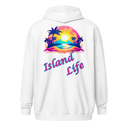 A picture of a Unisex Heavy Blend Zip Hoodie with a large picture on the back of a tropical island paradise and the text Island Life underneath - white