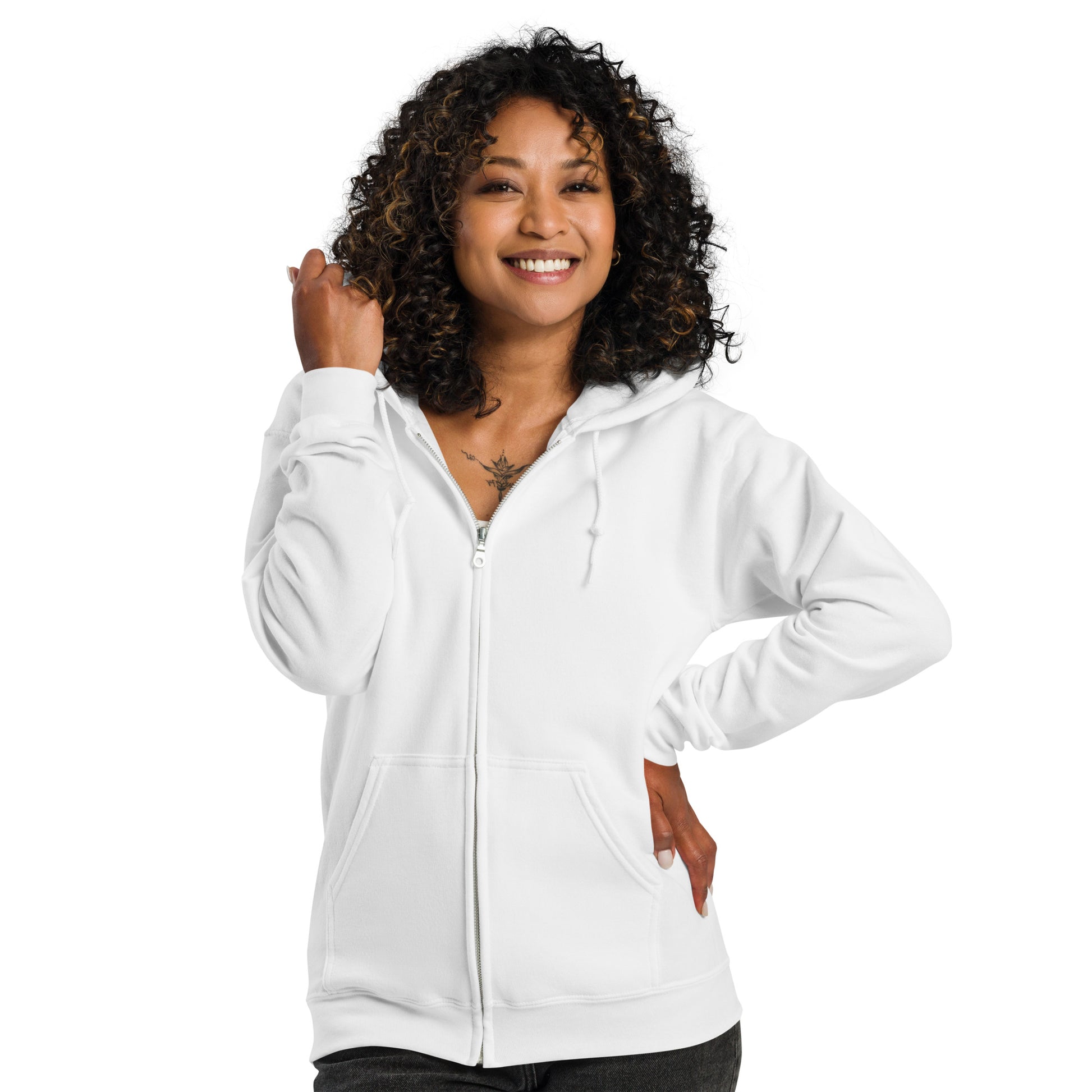 A picture of a woman modeling  a  Unisex Heavy Blend Zip Hoodie with a large picture on the back of a tropical island paradise and the text Island Life underneath - front - white