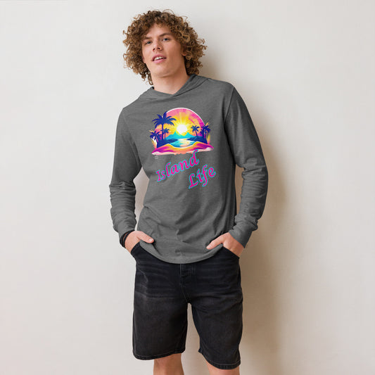 A picture of a man wearing a Unisex Hooded Long-Sleeve Tee with a large picture on the front of a tropical island paradise and the text Island Life underneath - triblend grey
