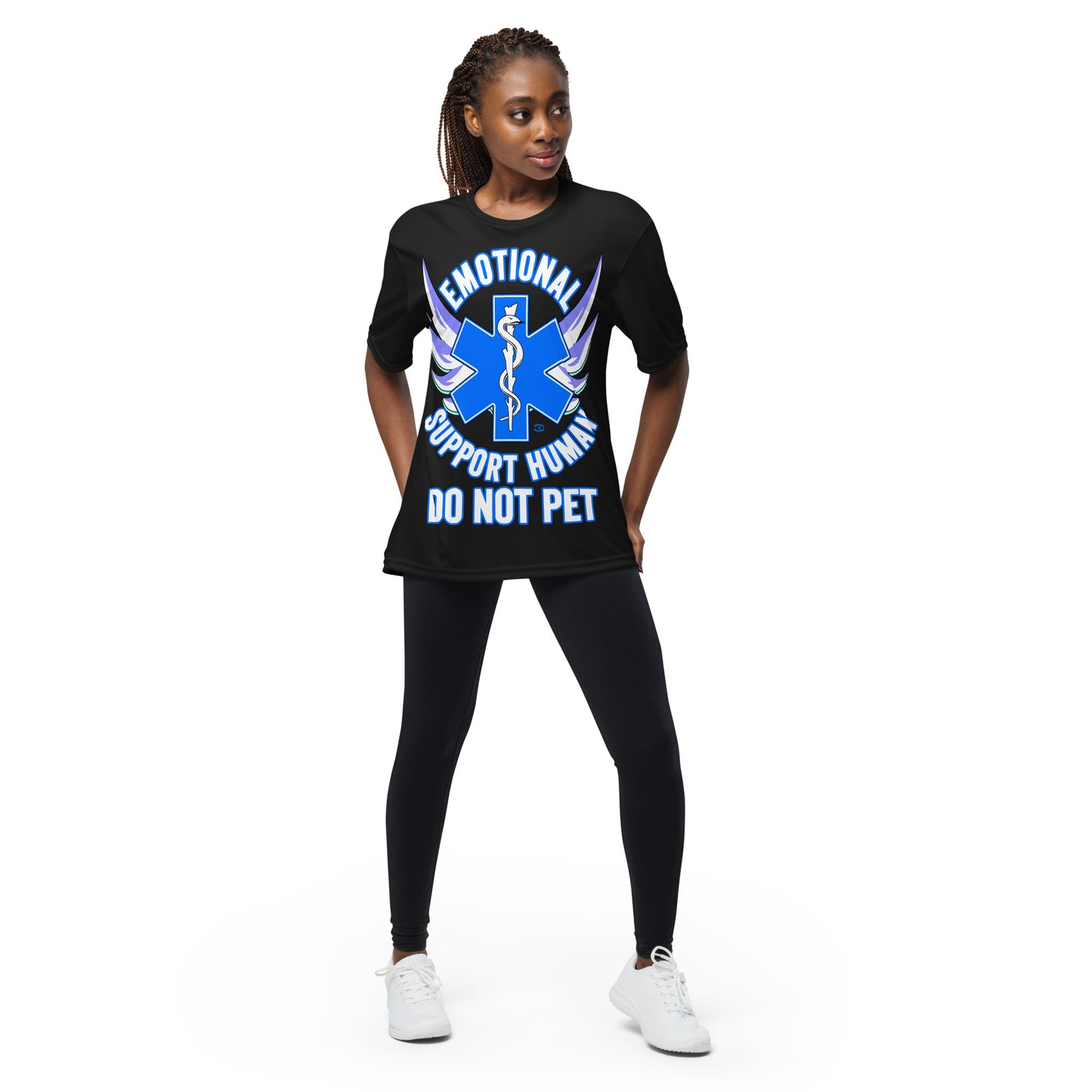 A woman wearing a tshirt with a big blue cross and a Rod of Asclepius inside. Text around the cross says Emotional Support Human DO NOT PET - black  