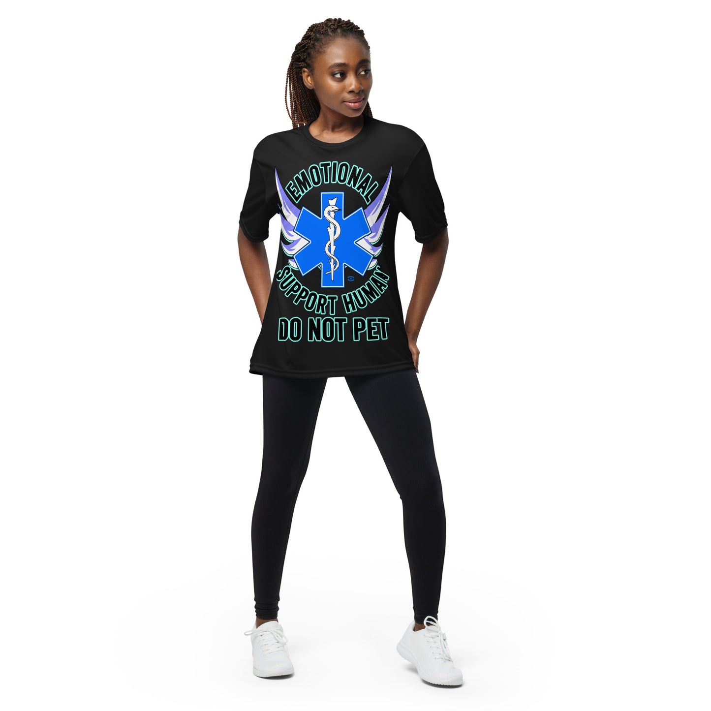 A woman wearing a tshirt with a big blue cross and a Rod of Asclepius inside. Text around the cross says Emotional Support Human DO NOT PET - black  