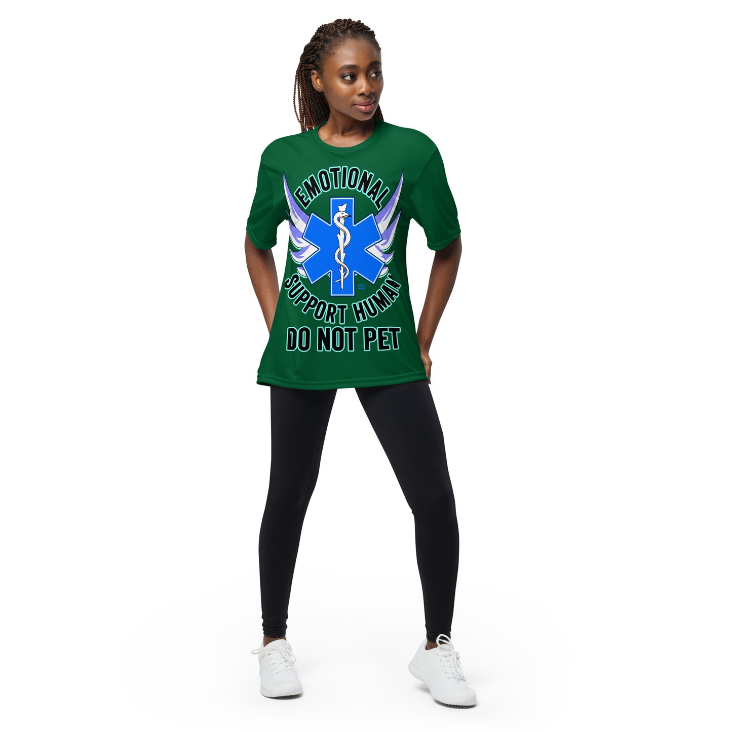 A woman wearing a tshirt with a big blue cross and a Rod of Asclepius inside. Text around the cross says Emotional Support Human DO NOT PET - forest green