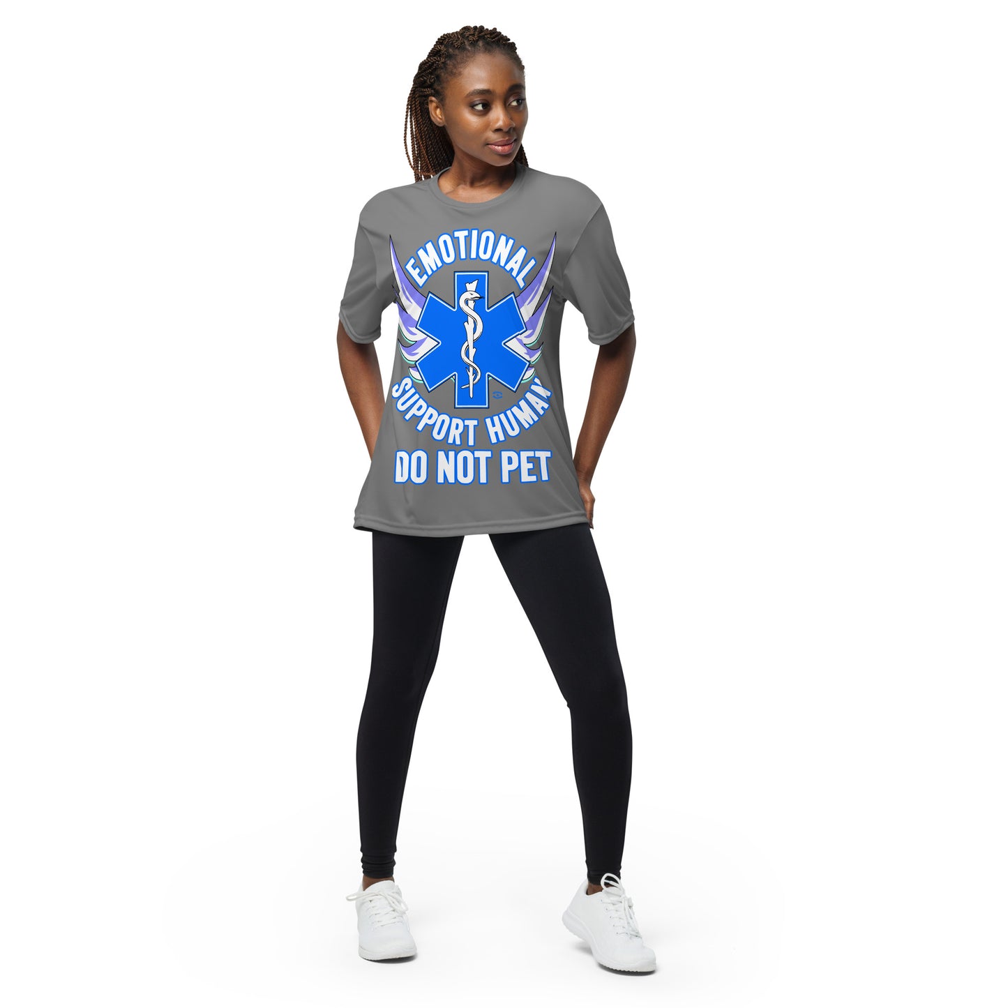 A woman wearing a tshirt with a big blue cross and a Rod of Asclepius inside. Text around the cross says Emotional Support Human DO NOT PET - graphite grey