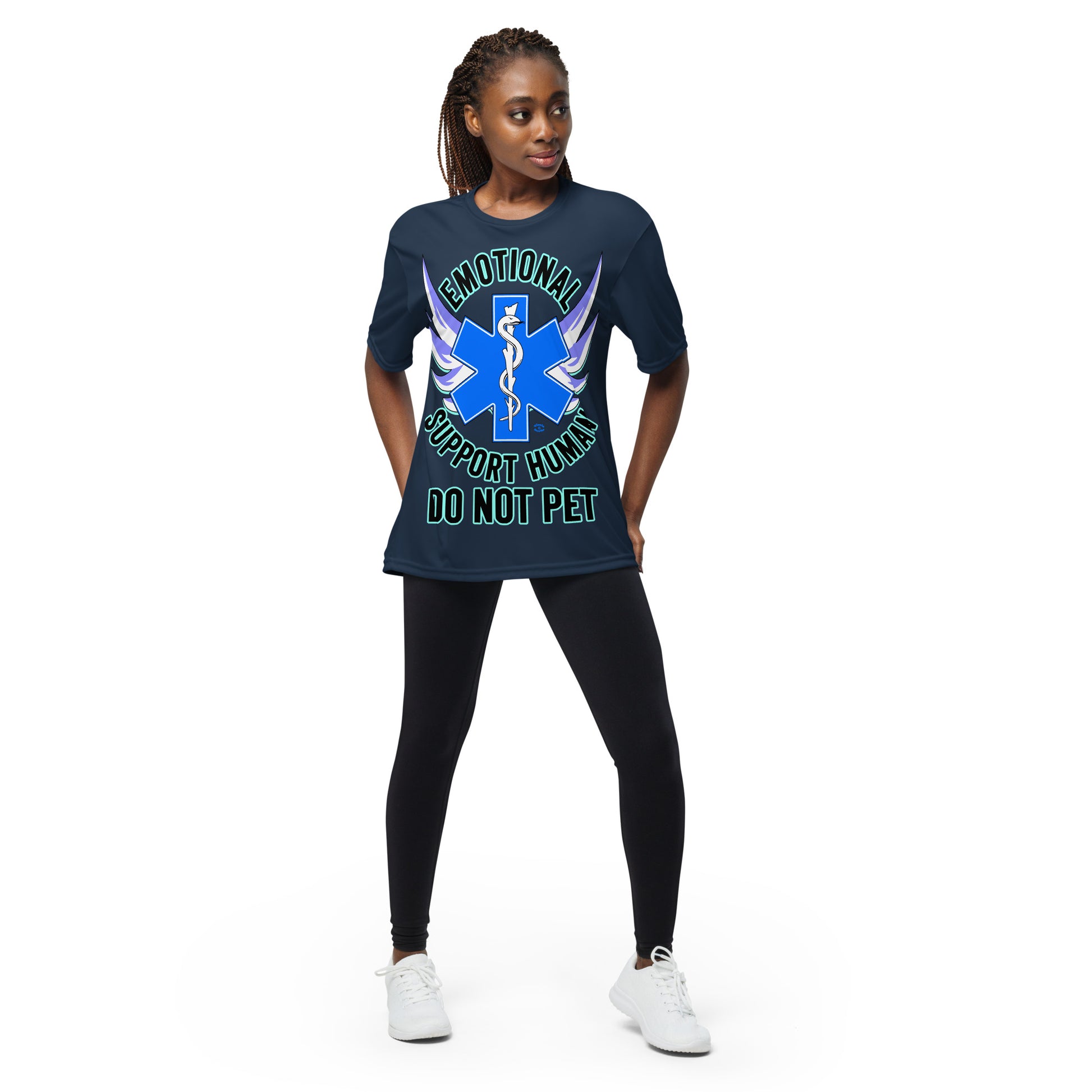 A woman wearing a tshirt with a big blue cross and a Rod of Asclepius inside. Text around the cross says Emotional Support Human DO NOT PET - navy