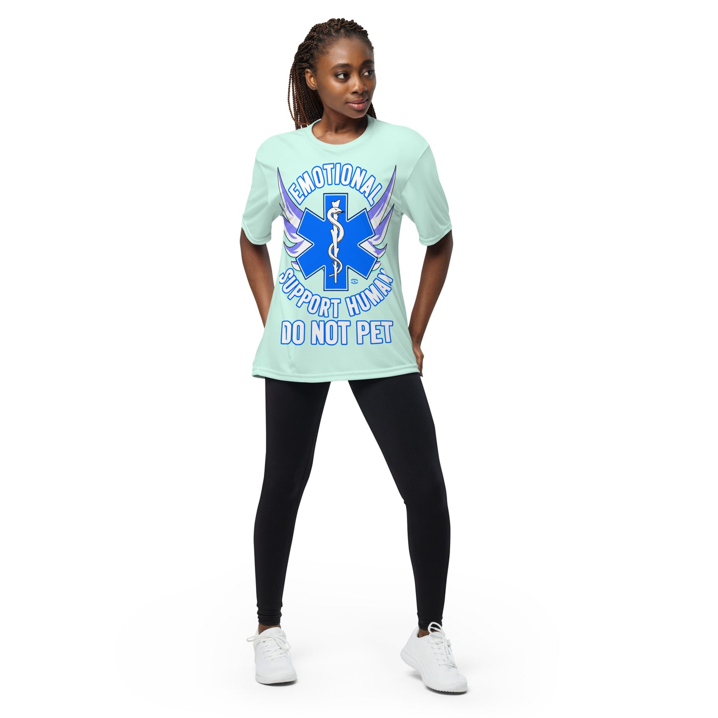 A woman wearing a tshirt with a big blue cross and a Rod of Asclepius inside. Text around the cross says Emotional Support Human DO NOT PET - pastel mint 