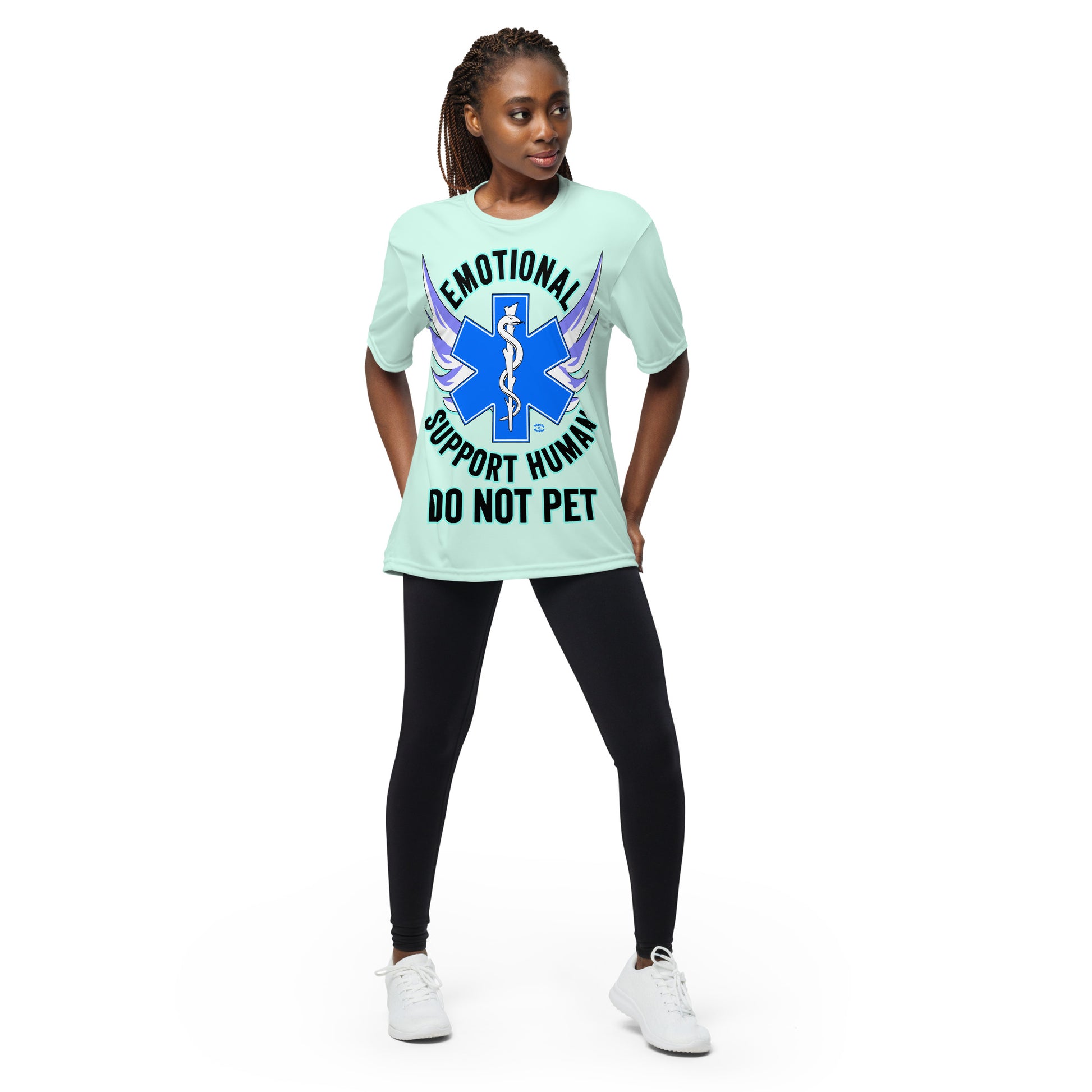 A woman wearing a tshirt with a big blue cross and a Rod of Asclepius inside. Text around the cross says Emotional Support Human DO NOT PET - pastel mint