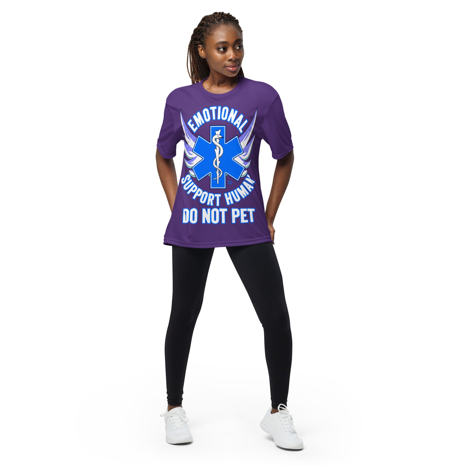 A woman wearing a tshirt with a big blue cross and a Rod of Asclepius inside. Text around the cross says Emotional Support Human DO NOT PET - purple  