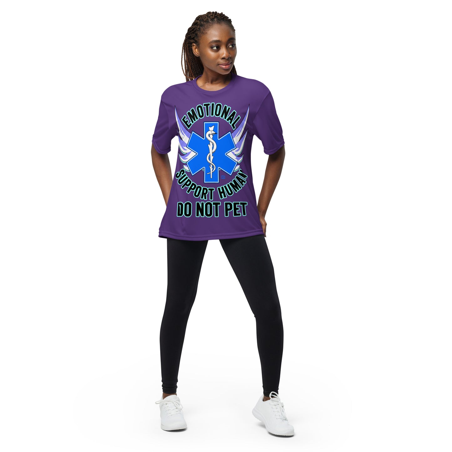 A woman wearing a tshirt with a big blue cross and a Rod of Asclepius inside. Text around the cross says Emotional Support Human DO NOT PET - purple  