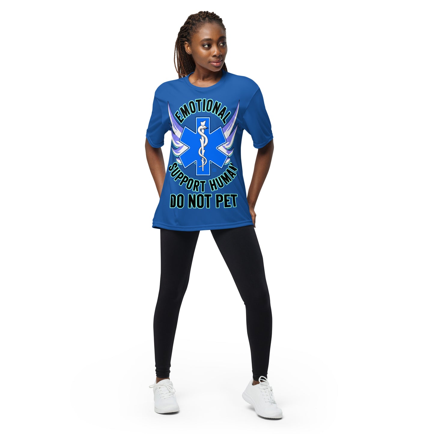 A woman wearing a tshirt with a big blue cross and a Rod of Asclepius inside. Text around the cross says Emotional Support Human DO NOT PET - royal blue