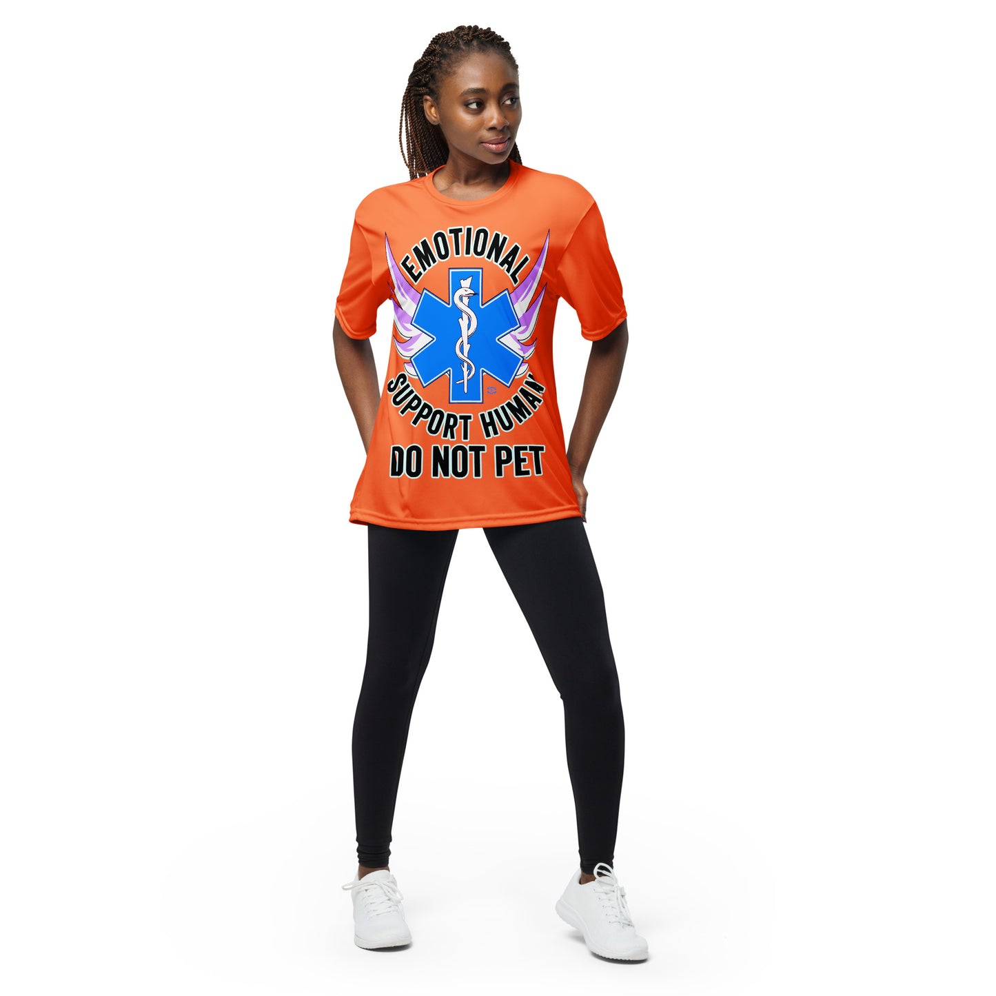 A woman wearing a tshirt with a big blue cross and a Rod of Asclepius inside. Text around the cross says Emotional Support Human DO NOT PET - safety orange  