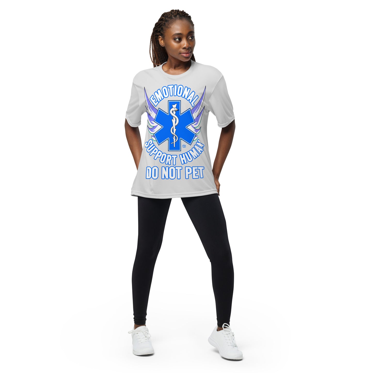 A woman wearing a tshirt with a big blue cross and a Rod of Asclepius inside. Text around the cross says Emotional Support Human DO NOT PET - silver