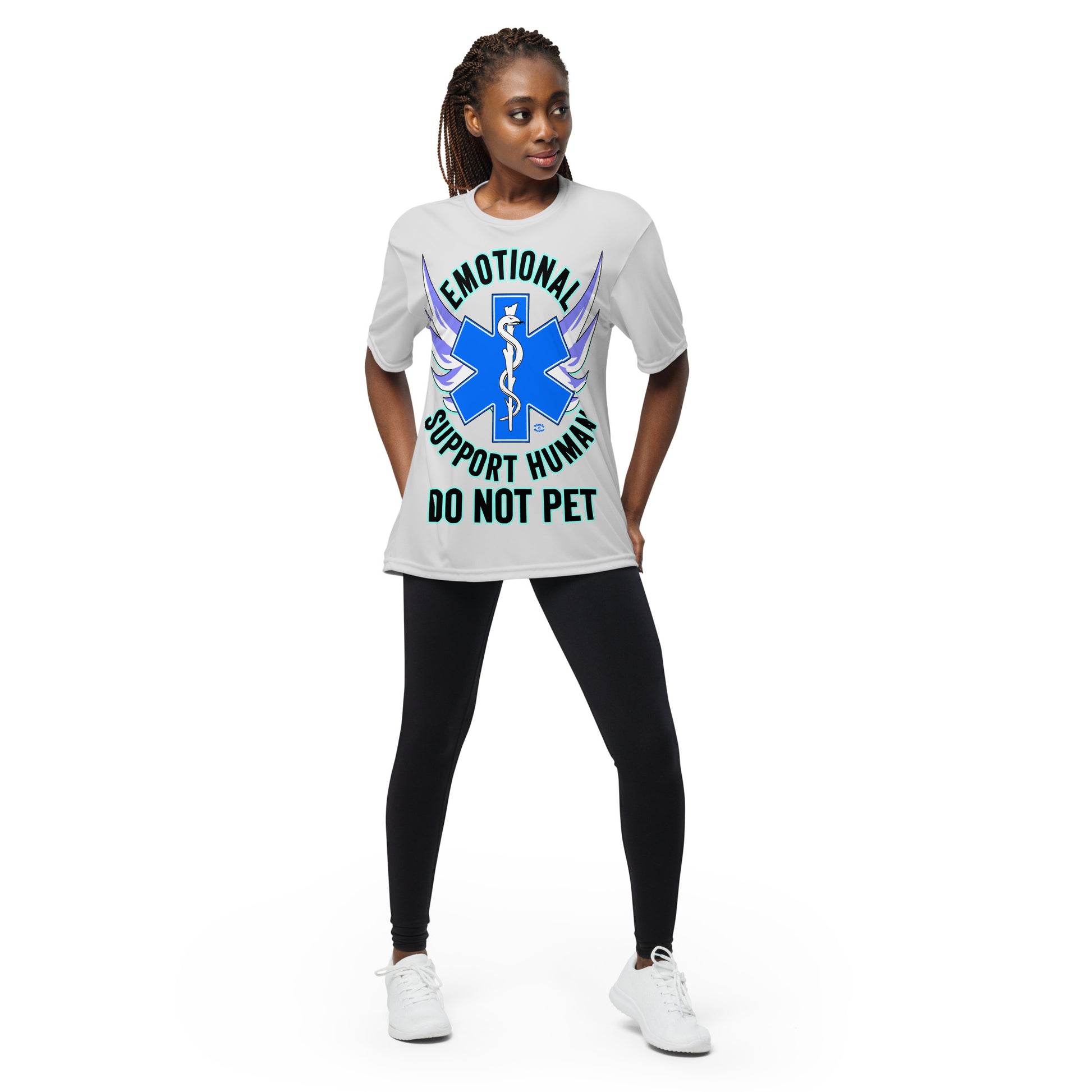 A woman wearing a tshirt with a big blue cross and a Rod of Asclepius inside. Text around the cross says Emotional Support Human DO NOT PET - silver