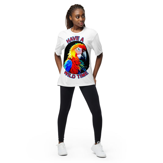 A picture of a woman wearing a unisex tshirt with a large colorful macaw on the front with the text HAVE A WILD TIME - front - white