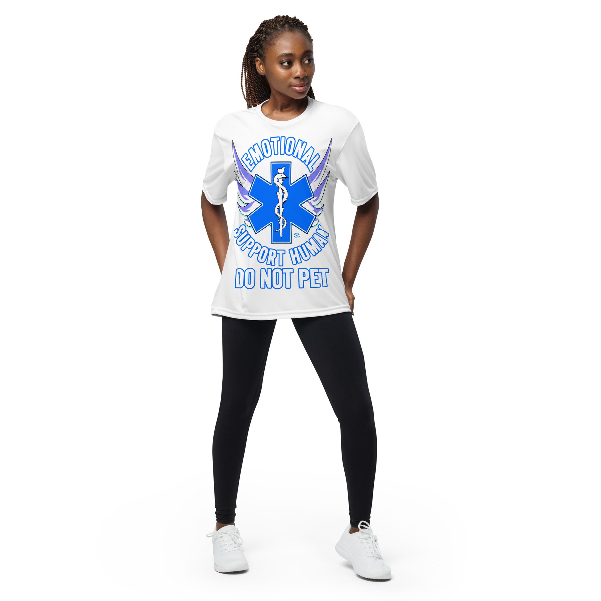 A woman wearing a tshirt with a big blue cross and a Rod of Asclepius inside. Text around the cross says Emotional Support Human DO NOT PET - white