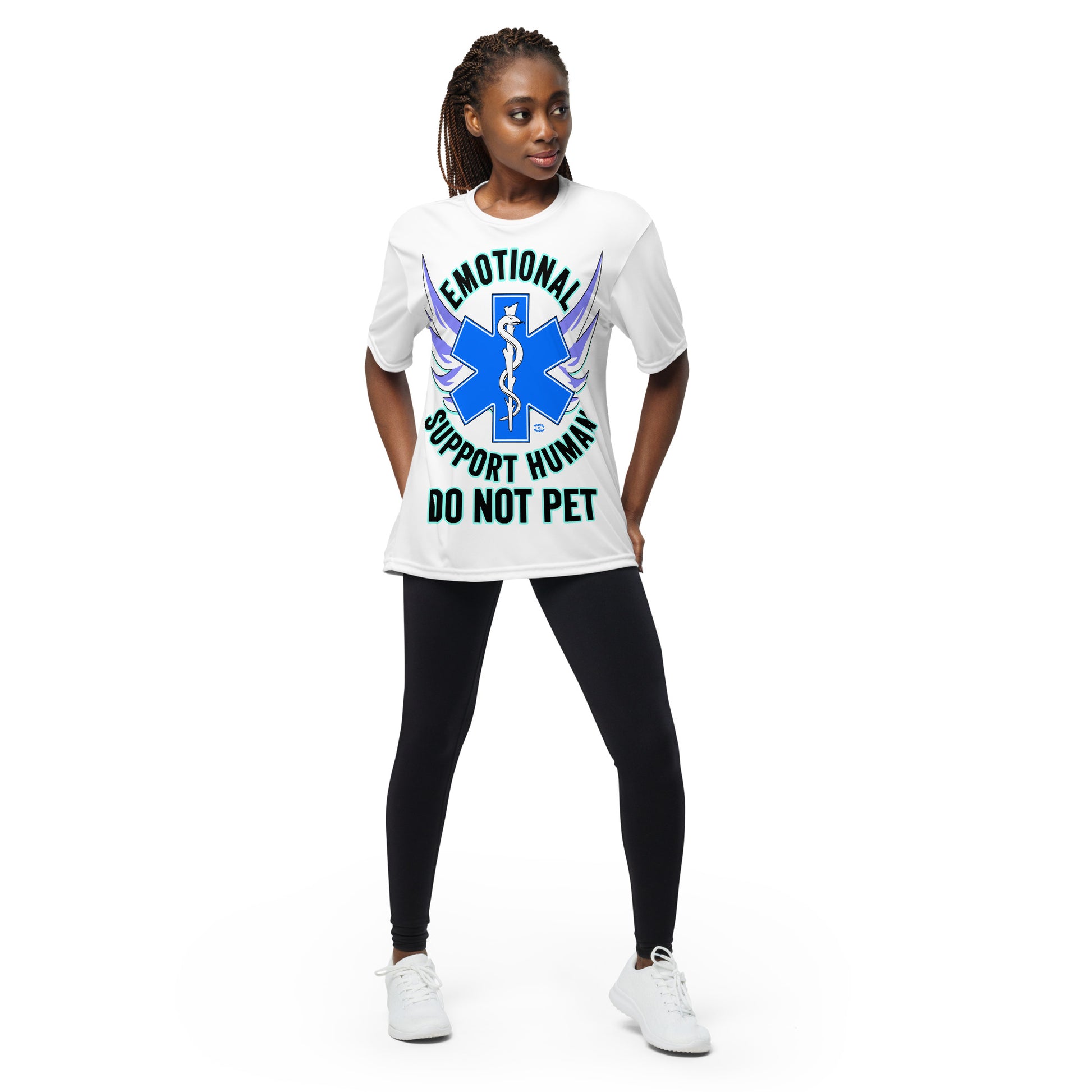 A woman wearing a tshirt with a big blue cross and a Rod of Asclepius inside. Text around the cross says Emotional Support Human DO NOT PET - white