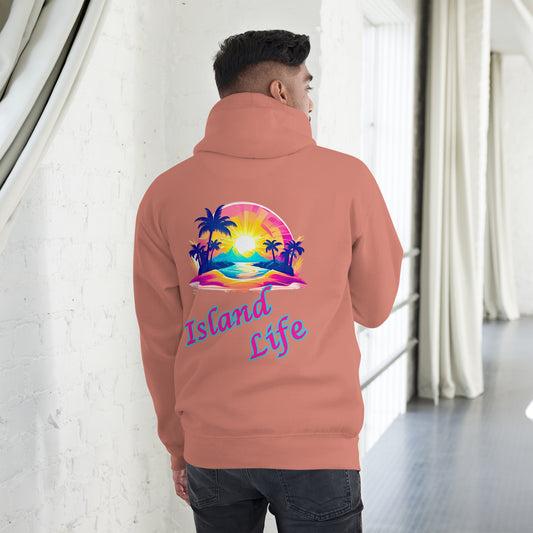 A picture of a man modeling a Unisex Hoodie with a large picture on the back of a tropical island paradise and the text Island Life underneath - dusty rose