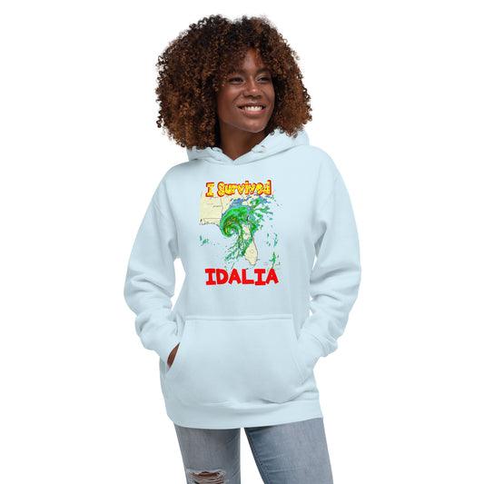 A picture of a woman wearing a premium hoodie with I Survived Hurricane Idalia Unisex Hoodie - in sky blue